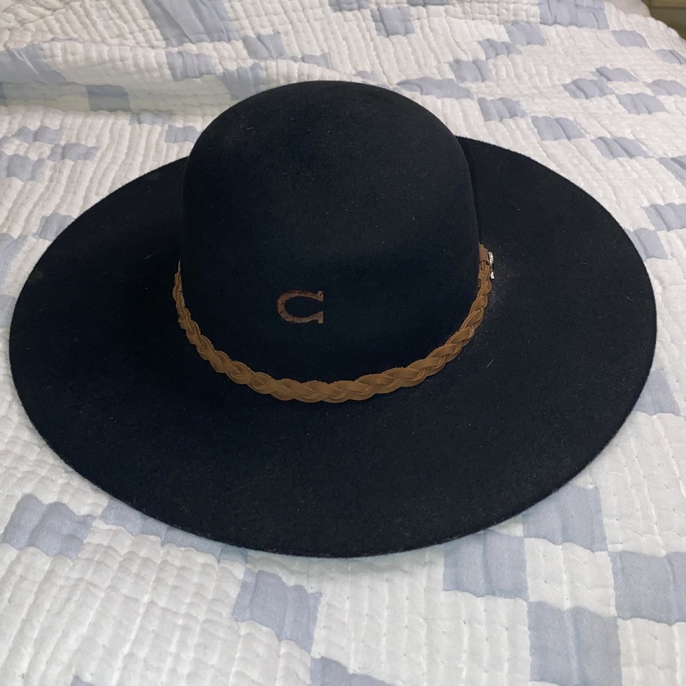 Black Wide-Brim Sun Hat with Brown Braided Band